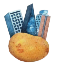 Logo La Papada en una papa gigante con edificios encima de tlatelolco